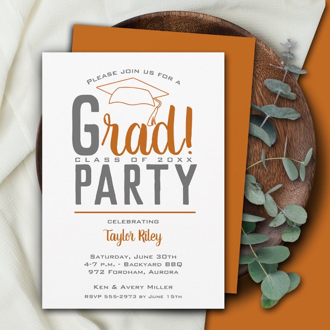 Invitation Brûlé Orange et Grey Graduation Party (Créateur téléchargé)