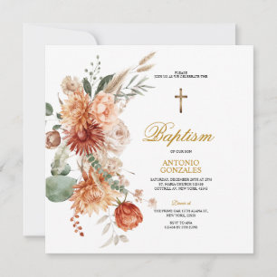 Invitation Brûlé Orange Floral Gold Cross Baptême Christening