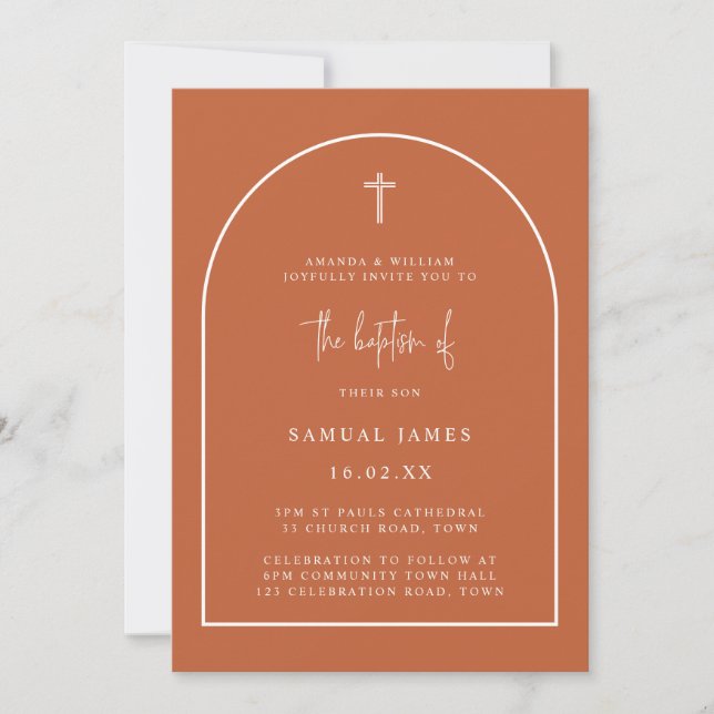 Invitation Brûlé Orange Moderne Script Arc Baptême minimalist (Devant)