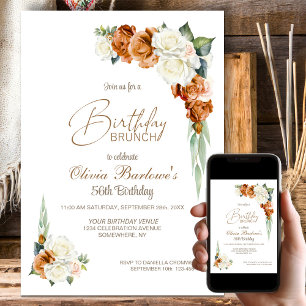 Invitation Brûlé Orange Rose Blanche Floral Anniversaire Brun