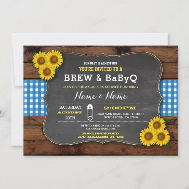 Invitation Brûler et Baby shower BABYQ Bleu Tournesol (Devant)