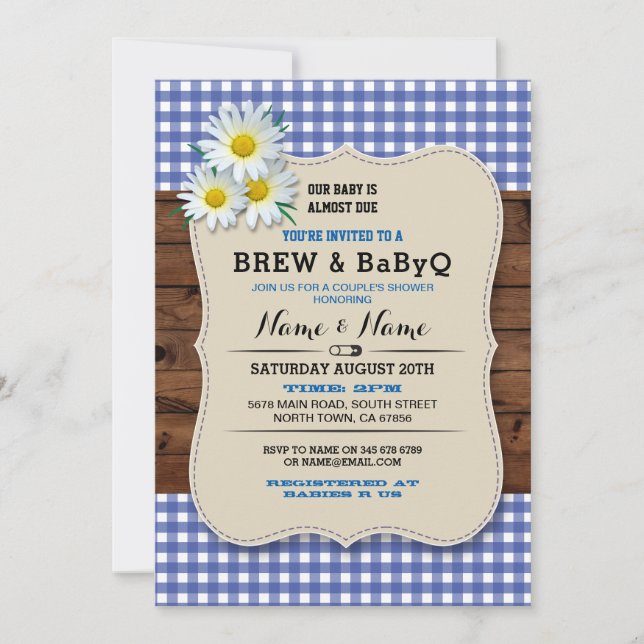 Invitation Brûler et BABYQ Baby shower Bleu Bois Daisy Invita (Devant)