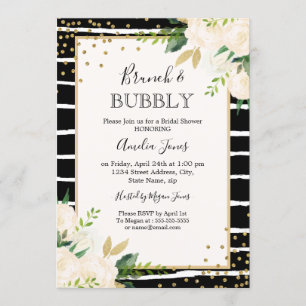 Invitation Brûleur Floral Noir Or Et Douche Bubbly