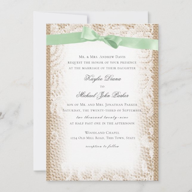 Invitation Brûlons de menthe verte et dentelle blanche (Devant)