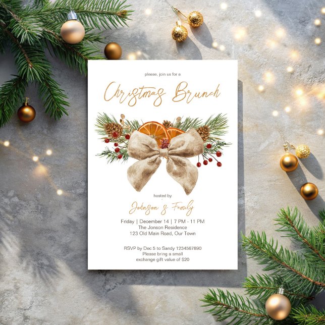 Invitation Brun de Noël rustique pins papillon (Rustic Christmas brunch party invitation pines bow berries citrus Christmas dinner party Invitation)