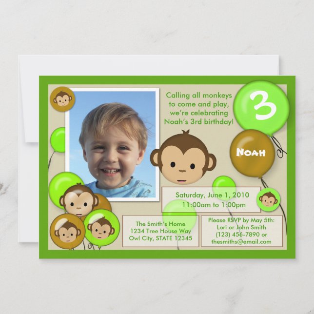 Invitation Brun de vert d'invitation d'anniversaire de singe (Devant)