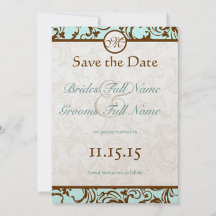 Invitation Brun élégant vintage damassé sur fond bleu aqua cl