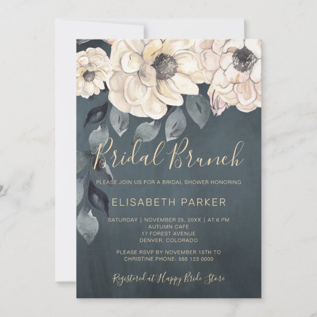 Invitation Brun nuptial fleurs blanches script douche nuptial (Devant)