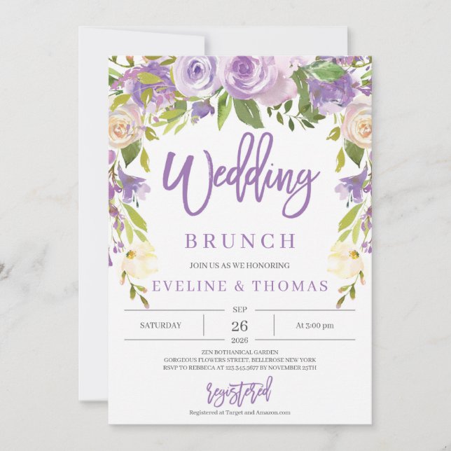 Invitation Brun romantique mariage violet rustique (Devant)