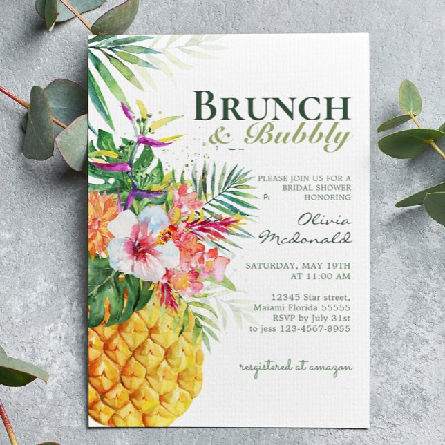 Invitation Brunch à ananas floral tropical et bulle (Créateur téléchargé)