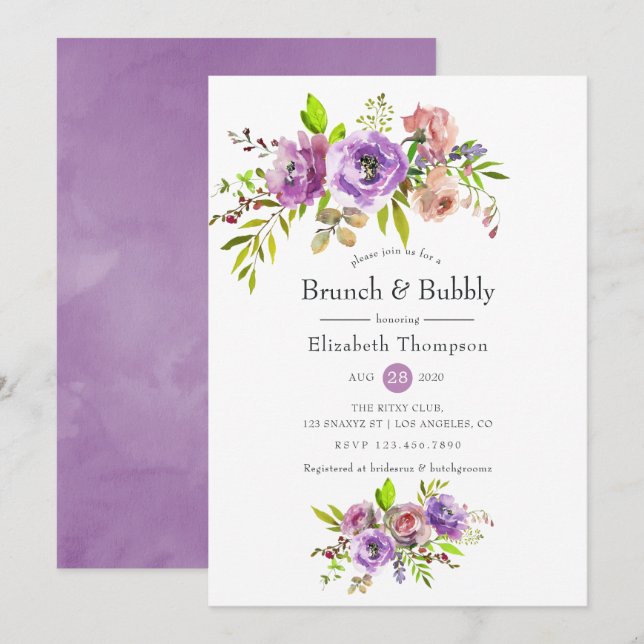 Invitation Brunch à l'aquarelle fleurie de printemps et mouss (Devant / Derrière)