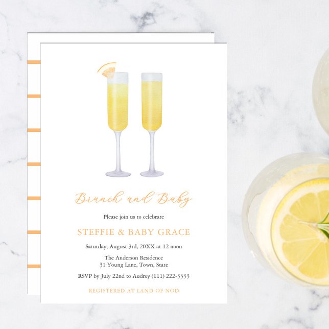 Invitation Brunch and Baby Mimosas Baby Shower Sip & See (Mimosas Momosas Brunch with baby yellow orange invitations for sip and see or baby sprinkle shower)