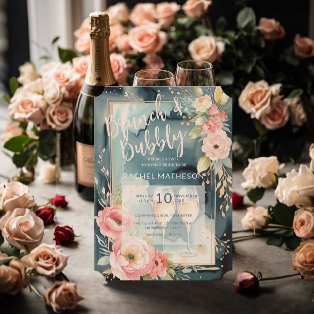 Invitation Brunch aquarelle et douche bulle (Brunch and bubby bridal shower invitation featuring watercolor floral and champagne glasses.)