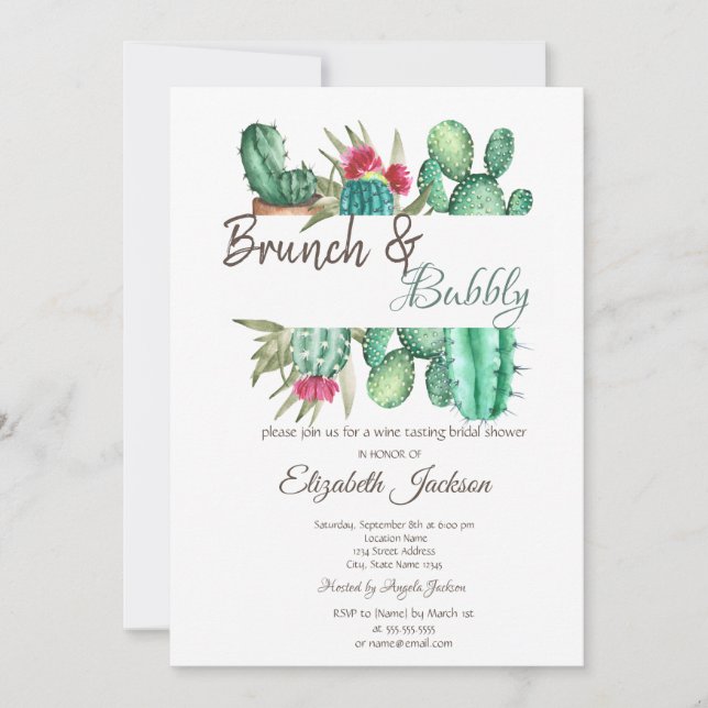 Invitation Brunch au Cactus à l'aquarelle et bulles (Devant)