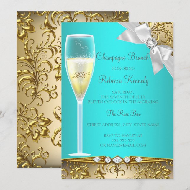 Invitation Brunch au champagne bleu sarcelle élégant blanc or (Devant / Derrière)