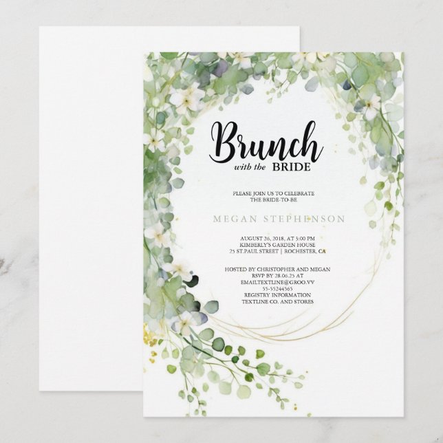 Invitation Brunch avec la Fête des mariées Bride Gold Green (Devant / Derrière)