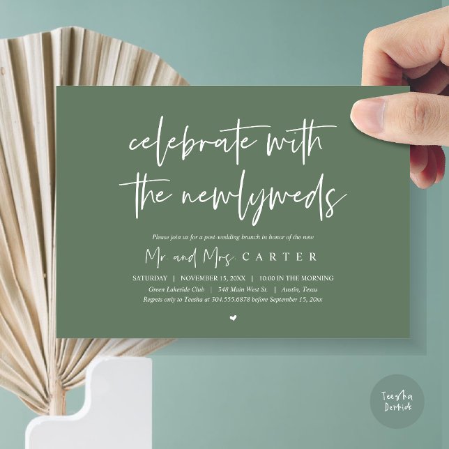 Invitation Brunch avec les jeunes mariés, après la fête de ma (Celebrate with the newlyweds, Wedding Brunch Invitation Card, PDF, in Forest Sage Green)
