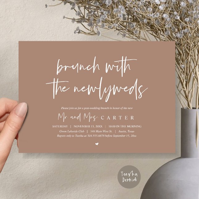 Invitation Brunch avec les jeunes mariés, mariage de poste, à (Brunch with the newlyweds, post wedding elopement invitation card, pdf, in warm taupe)