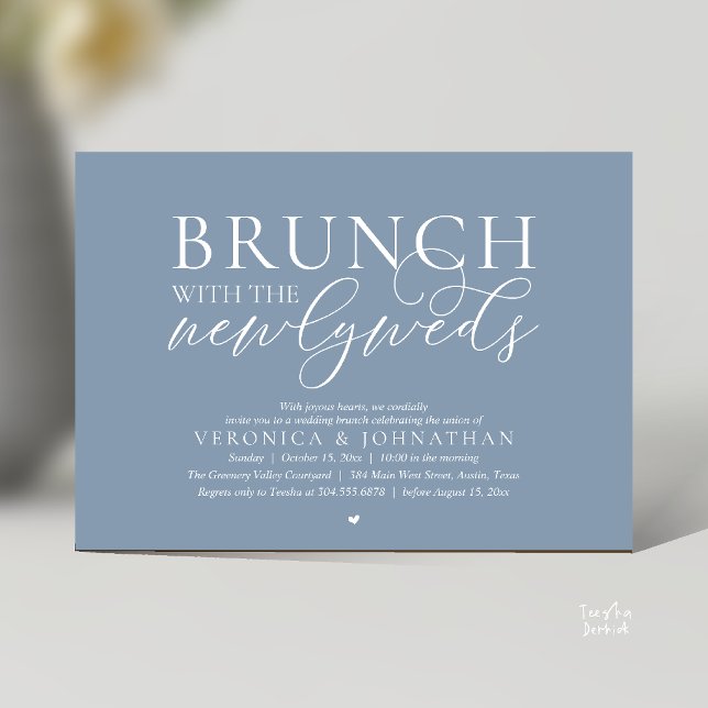 Invitation Brunch avec les jeunes mariés, Mariage Dusty Blue (Brunch with the newlyweds, Modern Classy Wedding Elopement Invitation Card in Dusty Blue)