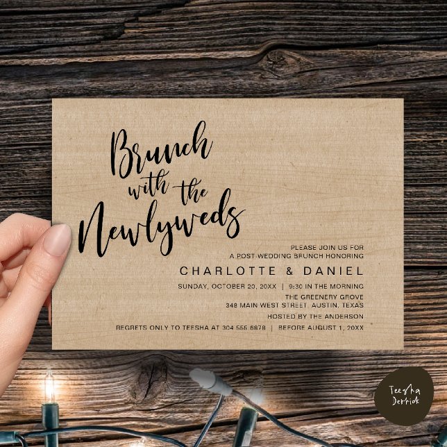 Invitation Brunch avec les jeunes mariés, Mariage Elopement (Brunch with the newlyweds, Post Wedding Elopement Invitation Card PDF Cottage Brown Wood Background)