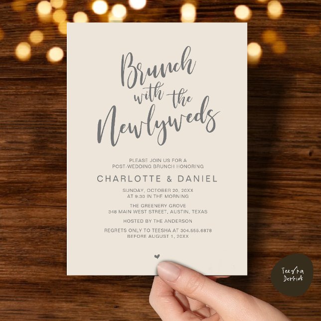 Invitation Brunch avec les jeunes mariés, Mariage Elopement (Brunch with the newlyweds, Post Wedding Elopement Invitation Card PDF Cream Grey)
