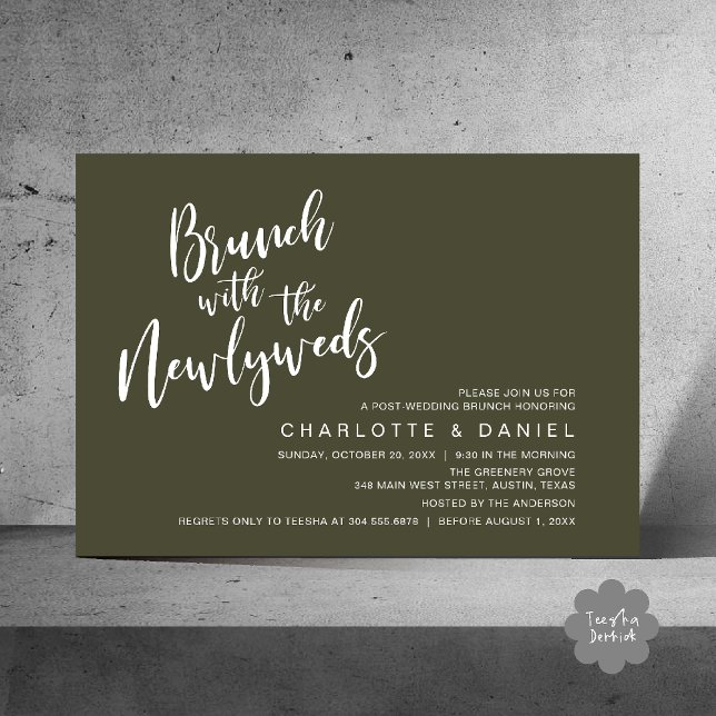 Invitation Brunch avec les jeunes mariés, Mariage Elopement (Brunch with the newlyweds, Post Wedding Elopement Invitation Card PDF Olive Green)