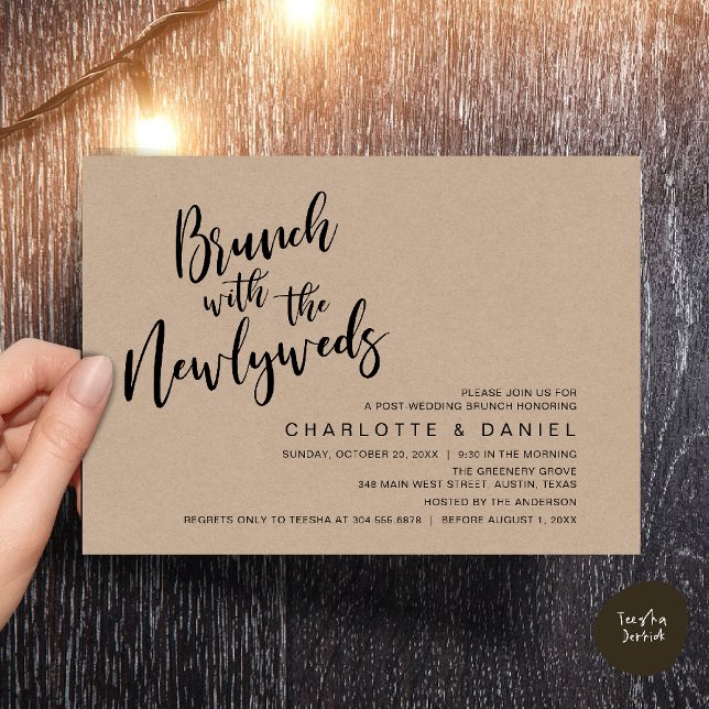 Invitation Brunch avec les jeunes mariés, Mariage Elopement (Brunch with the newlyweds, Post Wedding Elopement Invitation Card PDF Cottage Brown Wood Background)