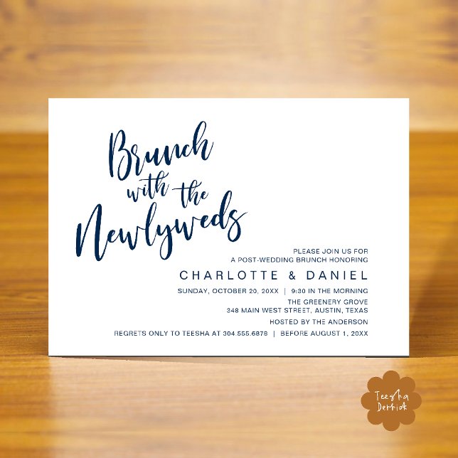 Invitation Brunch avec les jeunes mariés, Mariage Elopement (Brunch with the newlyweds, Post Wedding Elopement Invitation Card PDF Navy Blue)