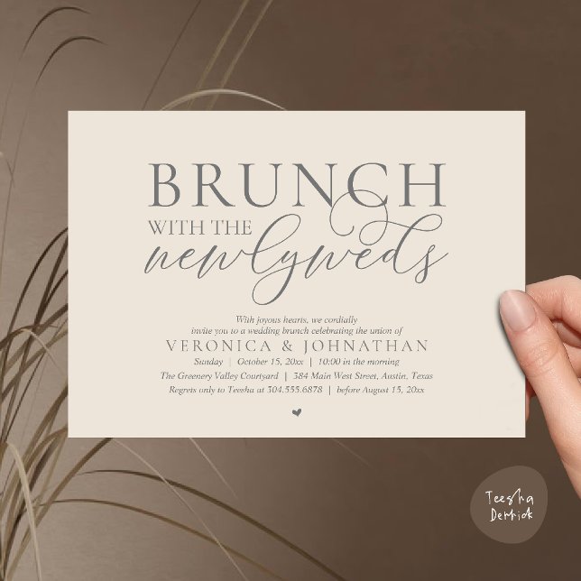 Invitation Brunch avec les jeunes mariés, Mariage Gris Crème (Brunch with the newlyweds, Modern Classy Wedding Elopement Invitation Card in Cream Grey)