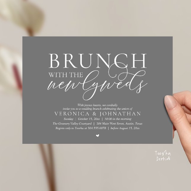 Invitation Brunch avec les jeunes mariés, Mariage Gris foncé (Brunch with the newlyweds, Modern Classy Wedding Elopement Invitation Card in Dark Grey)