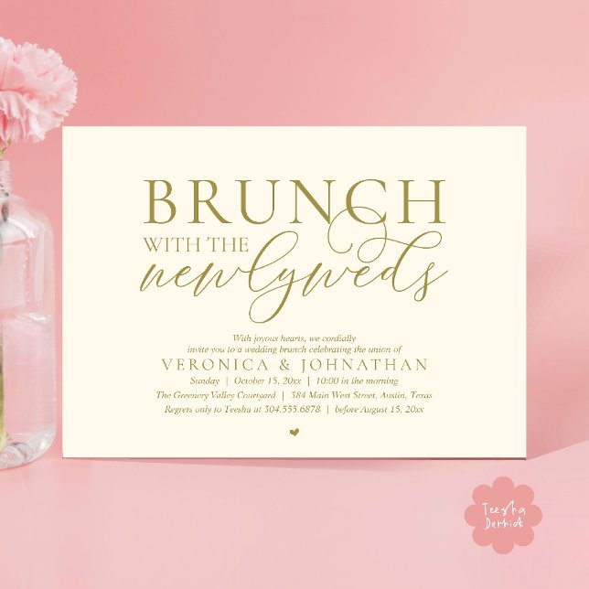 Invitation Brunch avec les jeunes mariés, Mariage Or Jaune (Brunch with the newlyweds, Modern Classy Wedding Elopement Invitation Card in Gold Yellow Cream)
