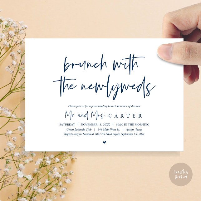 Invitation Brunch avec les jeunes mariés, mariage post, bleu  (Brunch with the newlyweds, post wedding elopement invitation card, pdf, in navy blue)