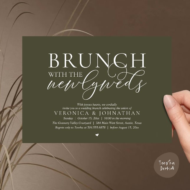 Invitation Brunch avec les jeunes mariés, mariage vert olive (Brunch with the newlyweds, Modern Classy Wedding Elopement Invitation Card in Olive Green)