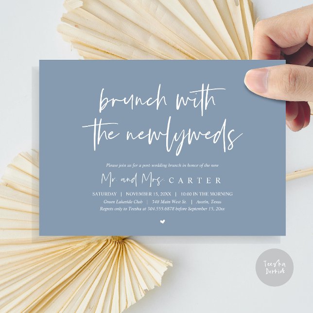 Invitation Brunch avec les jeunes mariés, post mariage Dusty  (Brunch with the newlyweds, post wedding elopement invitation card, pdf, in dusty blue)