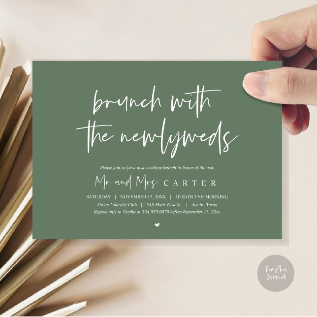 Invitation Brunch avec les jeunes mariés, post mariage Sage G (Brunch with the newlyweds, post wedding elopement invitation card, pdf, in forest sage green)