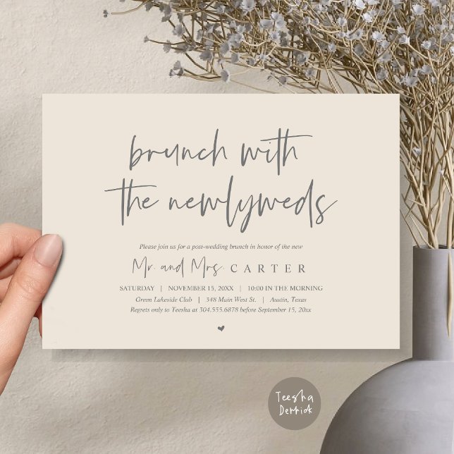 Invitation Brunch avec les jeunes mariés, poster Crème Gris m (Brunch with the newlyweds, post wedding elopement invitation card, pdf, in cream and grey)