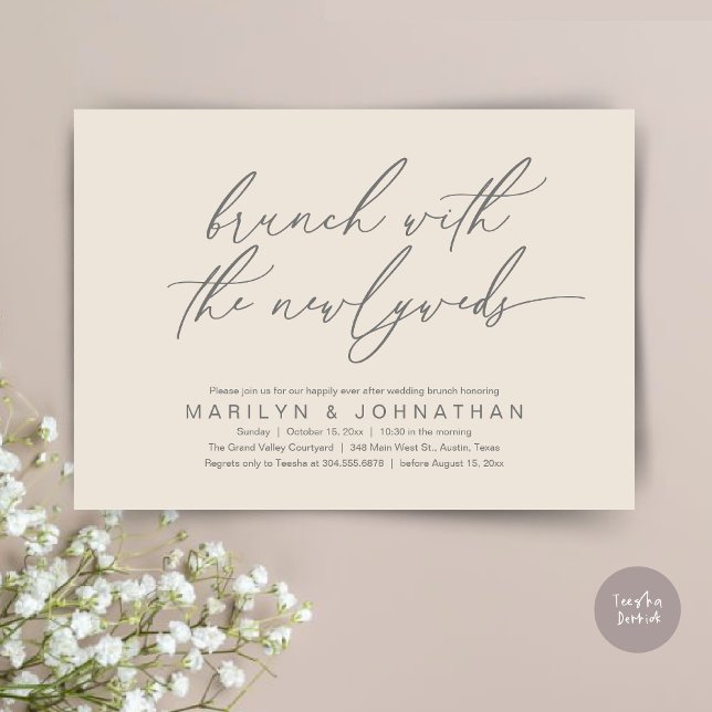 Invitation Brunch Avec Les Nouveaux Mariés, Mariage Post Célé (Brunch With The Newlyweds, Romantic Modern Post Wedding Celebrate Invitation Card PDF Cream Grey)