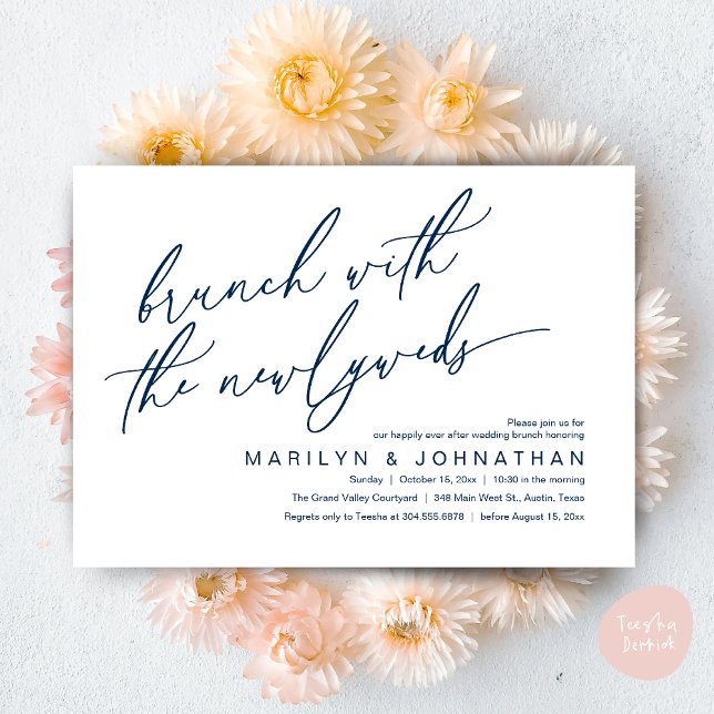 Invitation Brunch Avec Les Nouveaux Mariés, Mariage Post Célé (Brunch With The Newlyweds, Romantic Modern Post Wedding Celebrate Invitation Card PDF navy Blue)