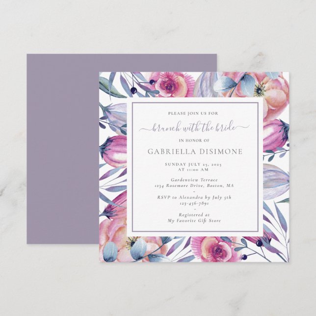 Invitation Brunch Avec Mariée Dusty Mauve Aquarelle Florale (Devant / Derrière)