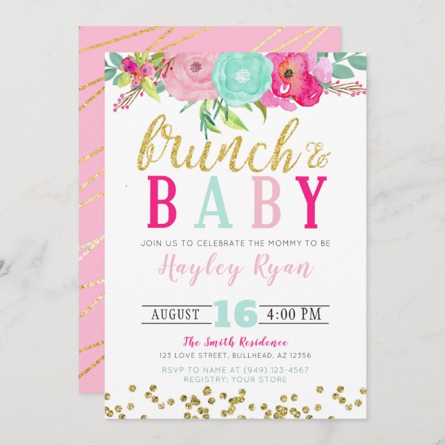 Invitation Brunch & Baby Fleurs d'été Boho Parties scintillan (Devant / Derrière)