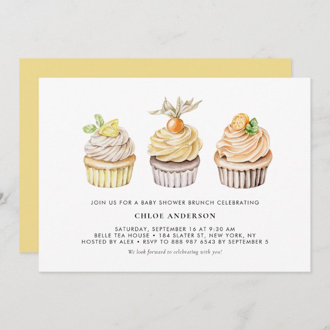 Invitation Brunch Baby shower Berry et Citrus Cupcakes (Devant / Derrière)