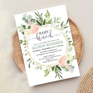 Invitation Brunch baby shower fille, Eucalyptus or rose
