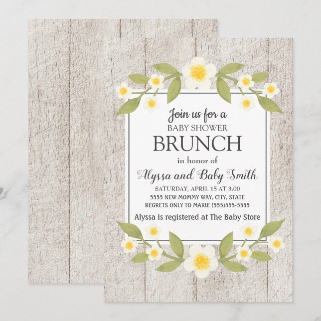 Invitation Brunch Baby Shower Floral Blanc Bois Rustique (Devant / Derrière)