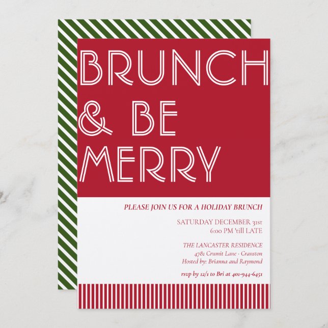 Invitation Brunch & Be Merry Green Red Christmas Brunch (Devant / Derrière)