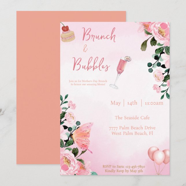 Invitation Brunch & Bubbles Fête des Mères Brunch Pink Floral (Devant / Derrière)
