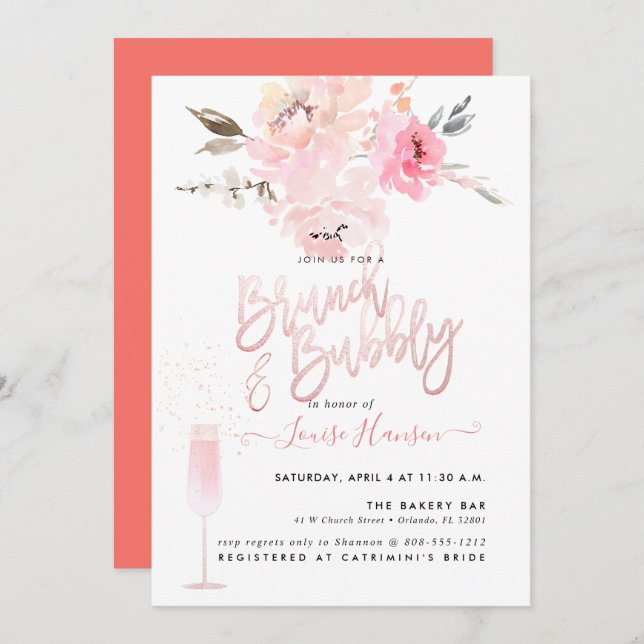 Invitation Brunch+Bubbly, Aquarelle Pignon Rose (Devant / Derrière)
