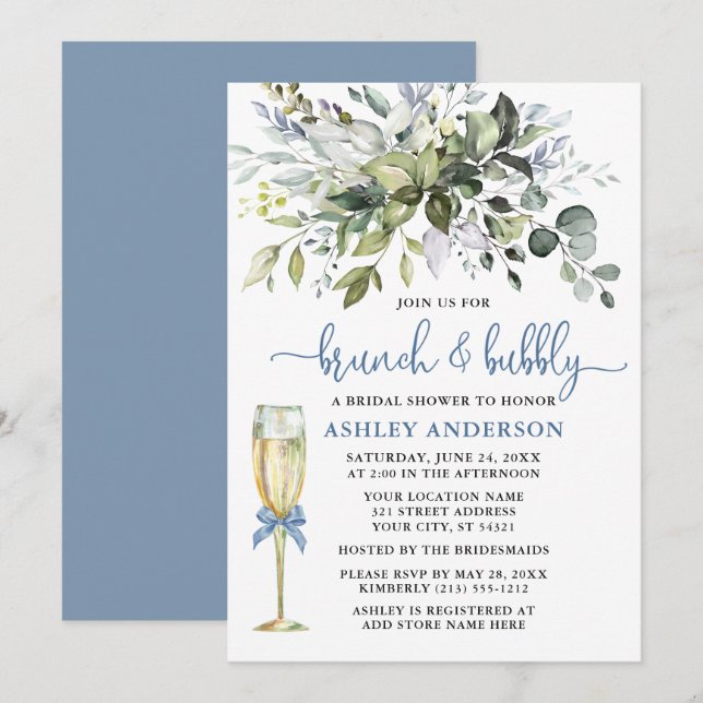 Invitation Brunch Bubbly Aquarelle verdure Dusty Blue Glass (Devant / Derrière)