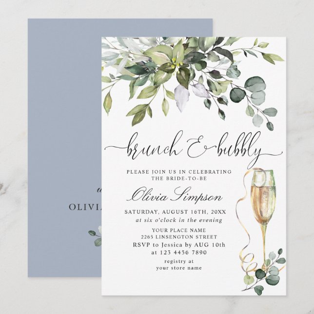 Invitation Brunch & Bubbly au eucalyptus simplement élégant (Devant / Derrière)