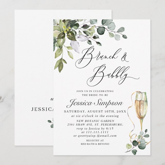 Invitation Brunch & Bubbly au feuillage élégant d'eucalyptus (Devant / Derrière)