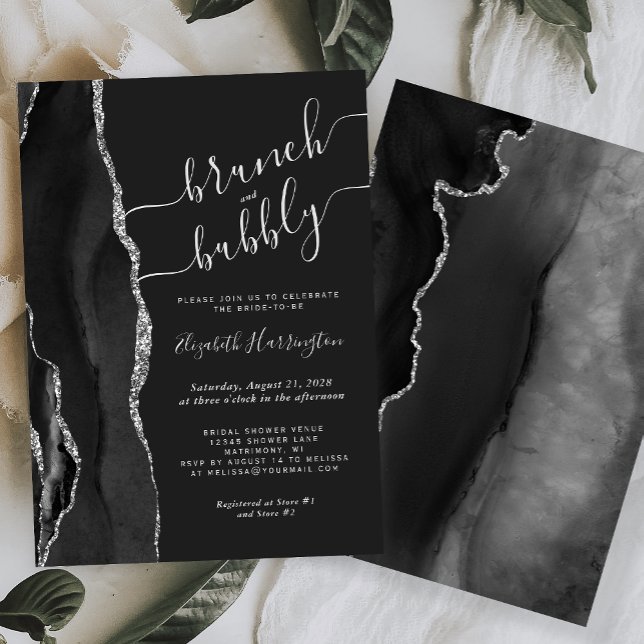 Invitation Brunch & Bubbly Black Silver Agate Enterrement de  (Créateur téléchargé)
